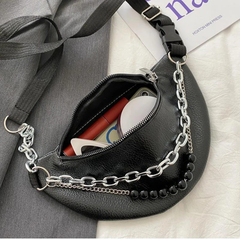 

Fanny Pack Women's Waist Bag Pu Leather Black Waterproof Chest Bag Phone Pouch Women Waist Pack Chain 2020