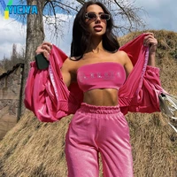 yiciya womens two piece casual pants wide legs strapless high waist diamond shorts autumn tracksuit women suit female crop top