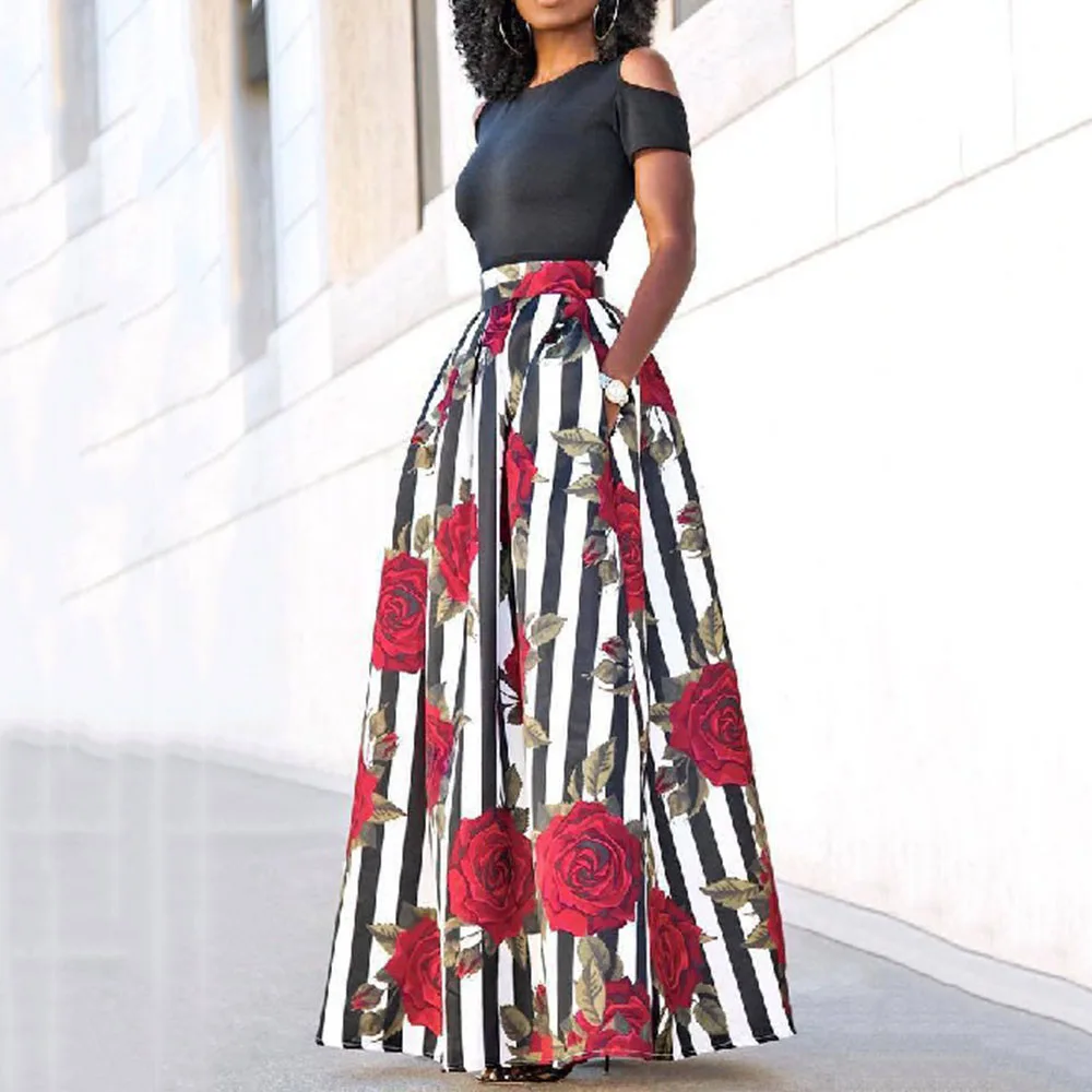 Женский летний комплект с юбкой в полоску и цветочным принтом размера плюс из