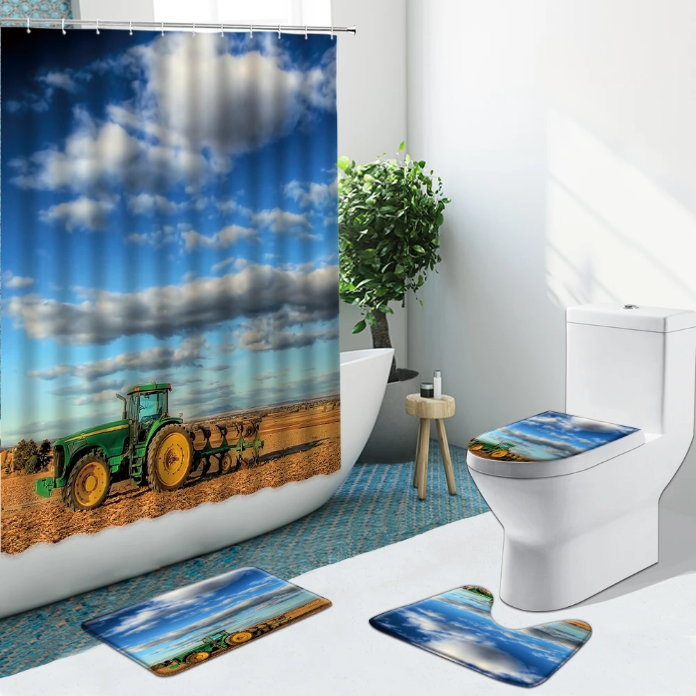 

Farm Animal Cow Sheep Tractor Bathroom Set Shower Curtain Fabric Non-Slip Rugs Flannel Haystack Pumpkins Carpet Cover Bath Mat