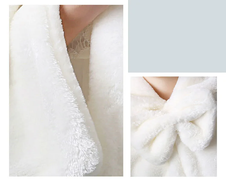 Flower Girls Thicken Plush Bolero Shrug Princess White Faux Fur Coat Shoulder Cape Wedding Dress Shawl Wraps Stole Bowknot images - 6