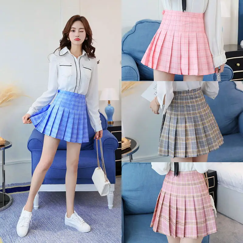 

Women's Plaid Pleated Skirts 2020 New Fashion Casual Korean Version Slim High Waist Mini Skirts Tee Girls College Style
