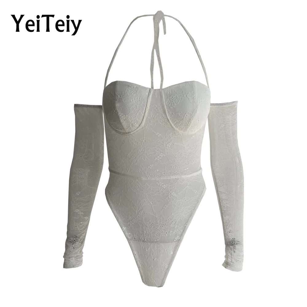 

Yeiteiy 2021 Summer Pure Color Lace Jumpsuit Ladies Long Sleeve Elegant Temperament Suit Slim Sexy Clothing