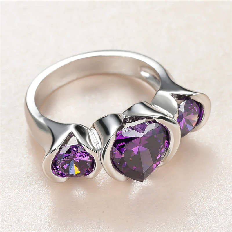 

Luxury Female Love Heart Crystal Ring Charm Silver Color Wedding Rings For Women Promise Purple Zircon Engagement Ring