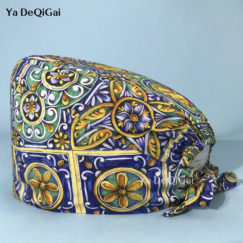 

Fashionable pure cotton unisex high quality nursing cap multicolor printing pet clinic scrub hat hospital nurse cap wholesale