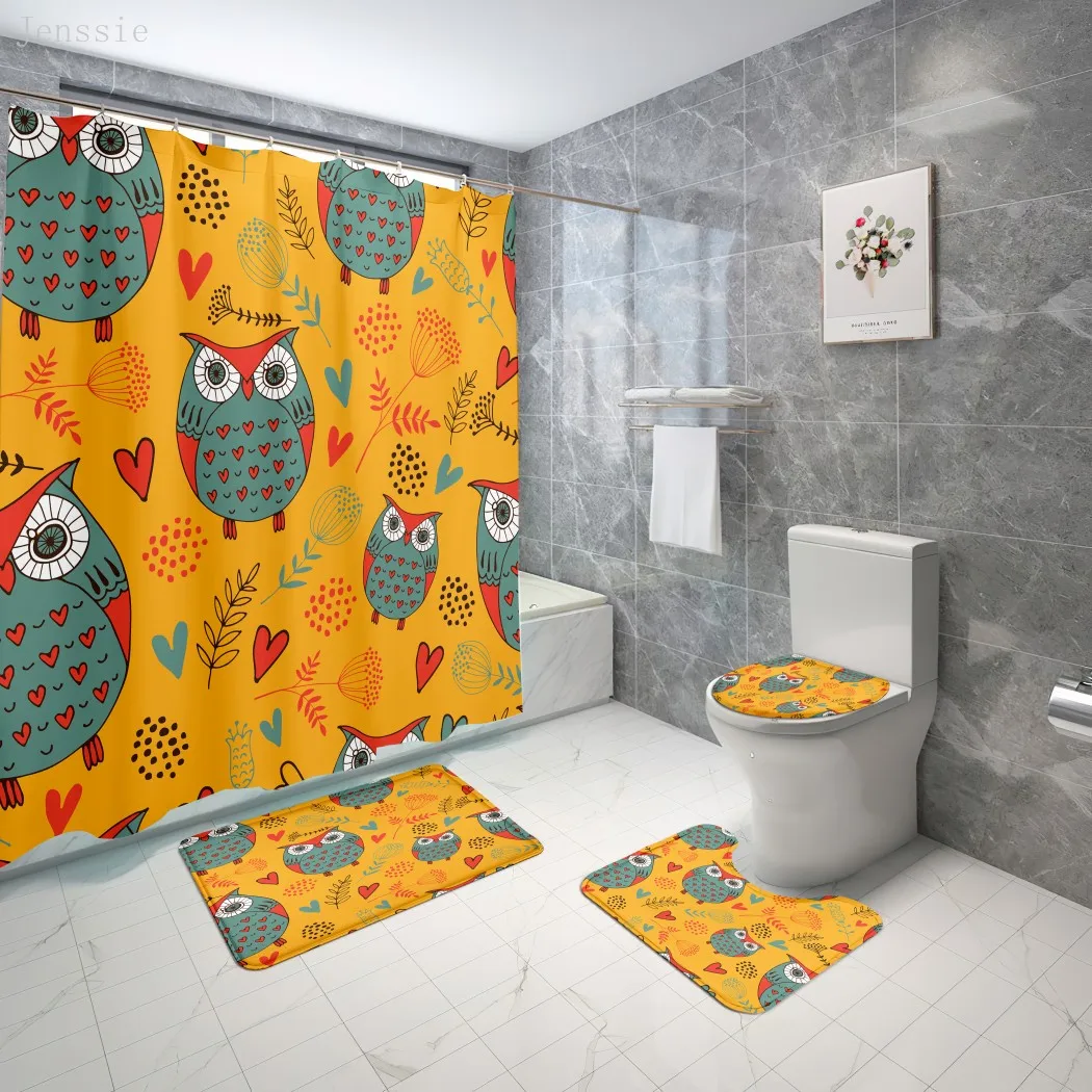 Online Cartoon Owl Flamingo Guitar Bagno Tappetino Antiscivolo Set Durevole Tenda Per Doccia Set Piedistallo Tappeto Coperchio Copriwater Tappetino Da Bagno Tappeto S