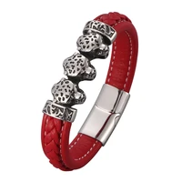 red leather hand bracelet bangles male leopard head stainless steel magnetic buckle hip hop men wristband punk jewelry pd0847