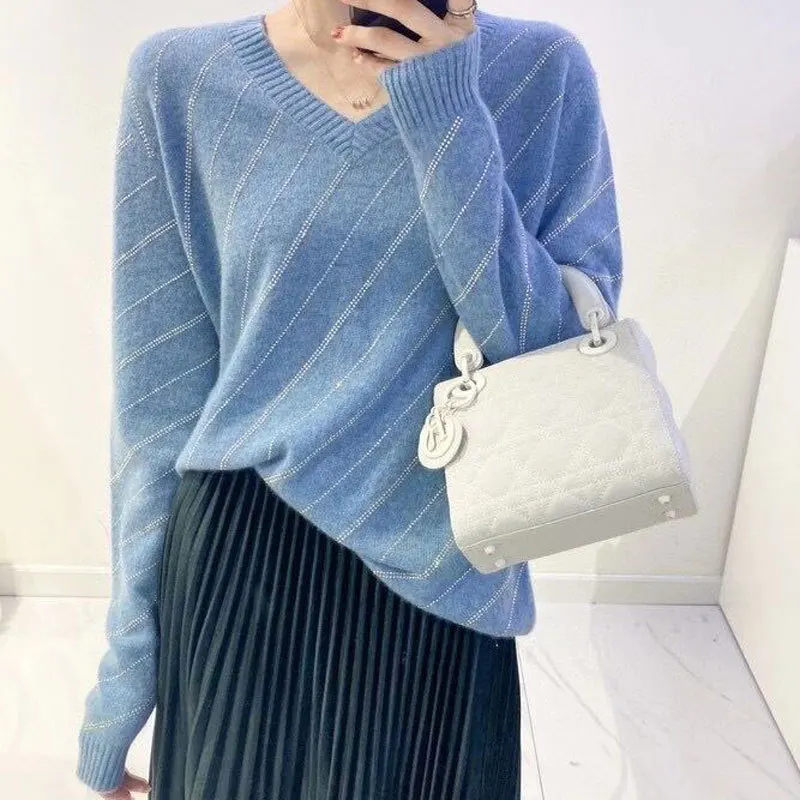

New heavy industry drill pure cashmere knitted bottomed sweater autumn and winter 2020 women's foreign style V-neck