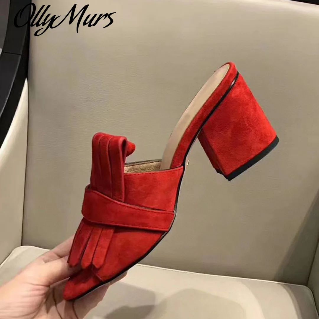 

Ollymurs Новый Элитный бренд тапочки мюли с бахромой, металлическая отделка высокого Сандалии на каблуке; Женская обувь