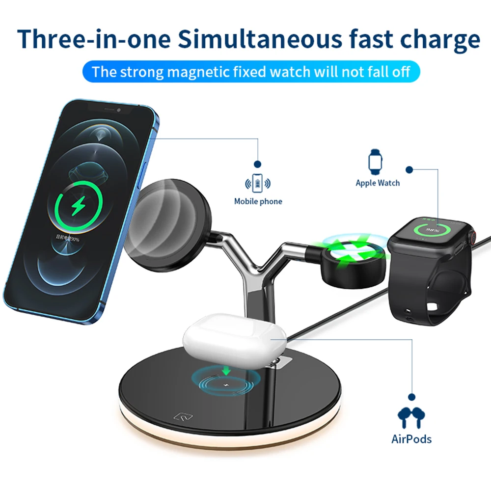 bonola 15w 3 in 1 wireless chager for iphone 12s12pro iwatch airpods pro magnetic fast charging station dock stand touch light free global shipping