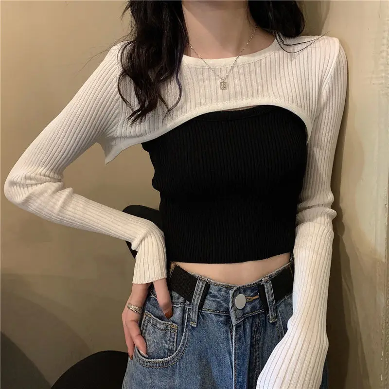 

utumn Women Knitted Wrap Sweater Women Cropped Sweater Pullover Crop Tops Streetwear
