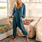 Комбинезон женский, летний, однотонный, с V-образным вырезом и длинным рукавом