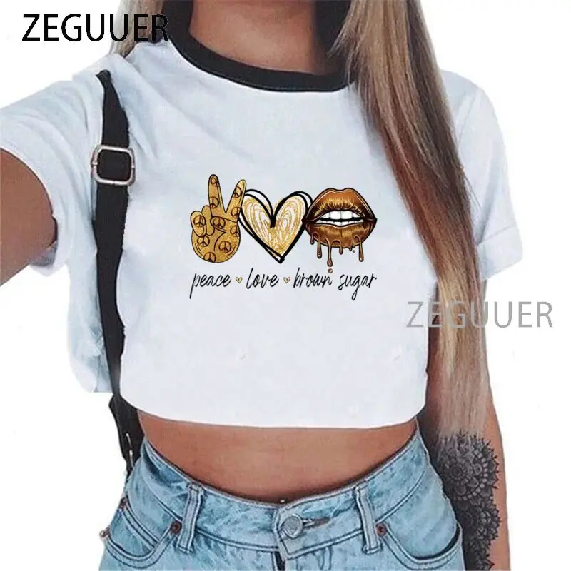 

Peace Love, коричневые, сахарные Новые поступления, kawaii, футболки с принтом, Женская Повседневная тонкая футболка, короткий рукав, укороченный то...