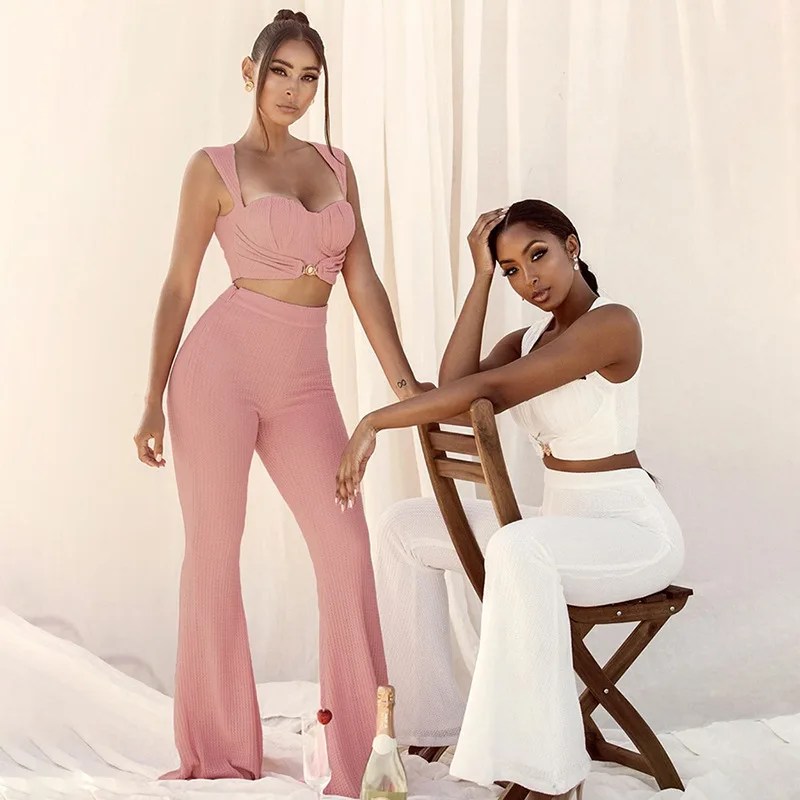 

2021 autumn women new sexy slim small vest high waist bodycon wide-leg pants casual suit 2 piece set female clothing