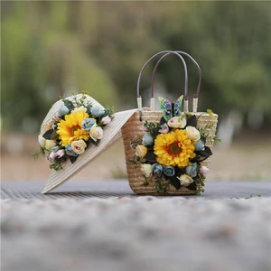 Women straw handbag Fashion Summer Beach Bag and Hat Flowers Lace tote bag Bohemia Weave Straw hat Casual Holiday woven bag