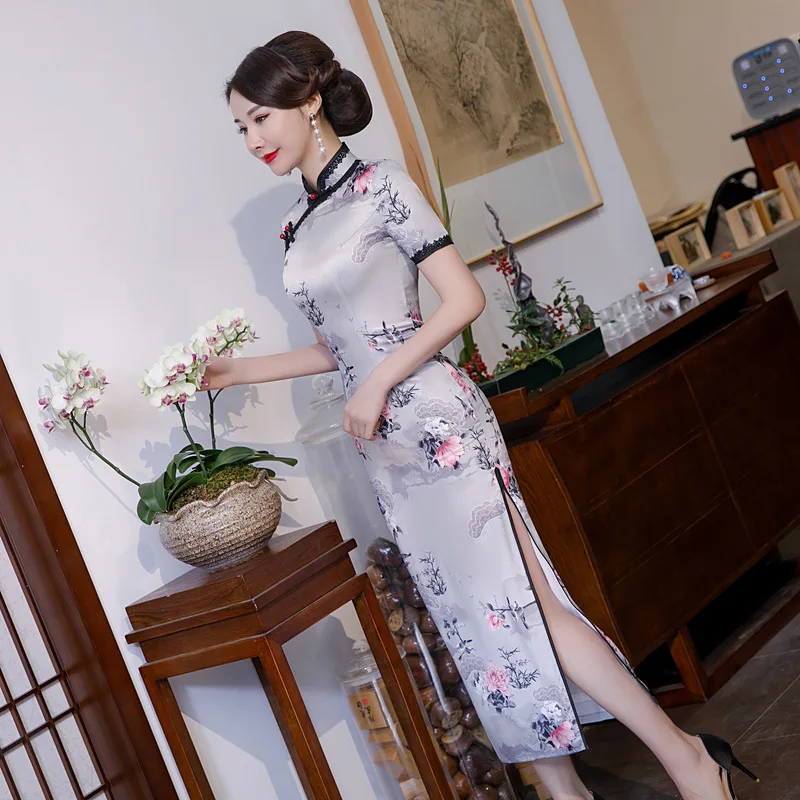 Cheongsam китайское платье винтажное с цветочным принтом женское традиционное