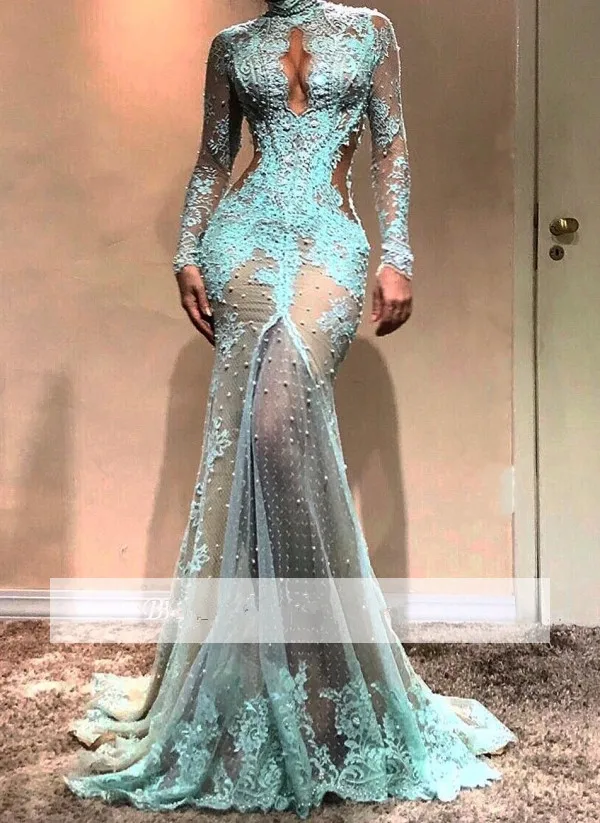 

Turquoise Prom Dress Mermaid Long Sleeves Tulle Lace Pearls See Through Long Prom Gown Evening Dresses Robe De Soiree
