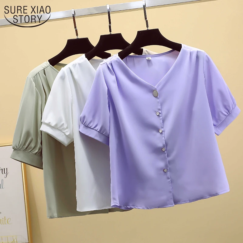 

Sweet Chiffon Blouse Simple V-neck Super Short Shirts Cardigan Blouse Women 2021 Summer New Solid Short Sleeve Top Female 9881
