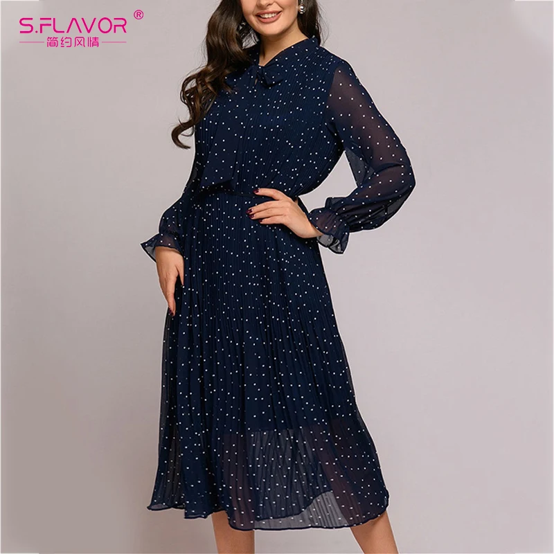 S.FLAVOR/шифоновое платье в горошек с бантом и длинными рукавами Свободное
