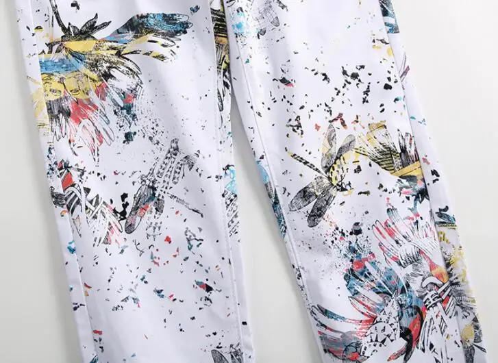 White stretch mens jeans dragonfly print trousers pantalones de mezclilla Hairstylist Fall flower pants slim feet pants