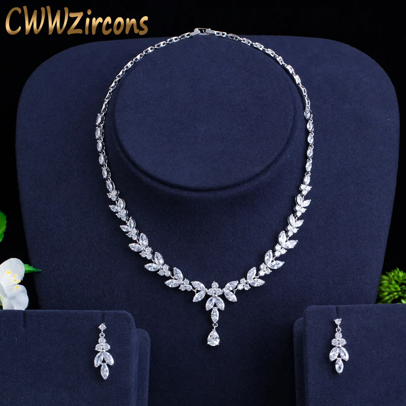 CWWZircons Блестящий кубический циркон праздничный костюм ожерелье серьги Свадебные Ювелирные наборы Аксессуары для платья T326