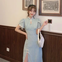 retro sweet elegance improved cheongsam for women stand up collar cinched slimming flounce split short sleeve lolita dress