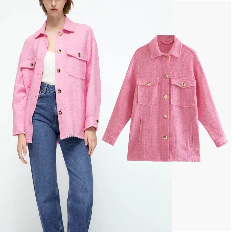 

Женская Повседневная рубашка ZA, розовая текстурированная тканевая футболка с отложным воротником и длинным рукавом, осенние свободные топ...