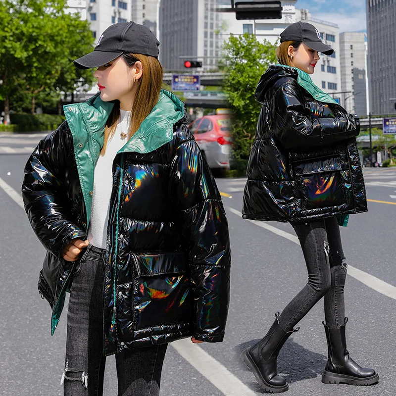 

2021 Shiny Color Down Jacket Autumn and Winter Parkas Korean Style Loose Mid-length Disposable Bread Jacket Cotton Coats Parkas