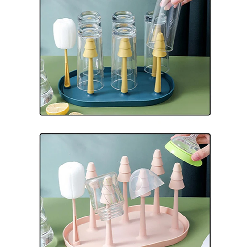 

Desktop Cup Holder Kitchen Organizer Plastic Drain Water Cup Shelf With Cup Brush Living Room Storage Rack Storage Drying Tool