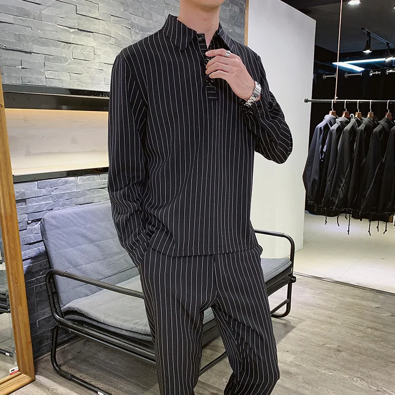 

Sports leisure suit 2021 new men long sleeve T-shirt social youth stripe nine minutes of pants two-piece outfit