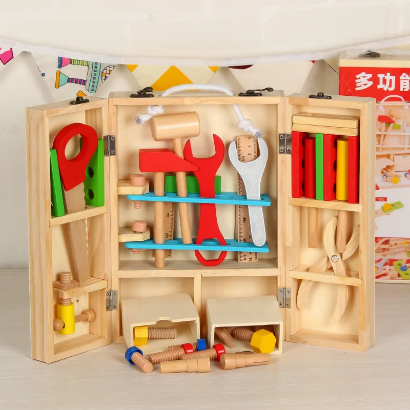 

DIY Portable Wooden Children's Toolbox Engineer Repair Tools Pretend Toy Play House Toy Tool Kit Repair Intelligence Toolbox
