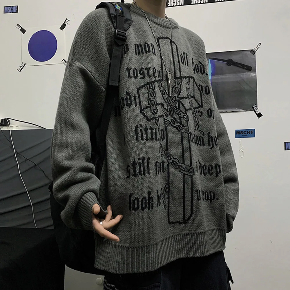 

New Gothic Harajuku Oversize Sweater Women Jumper 2020 Cross Letter Couple Pullover Streetwear Casual Knitted Hoodies Top Young