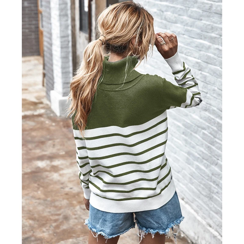 

Women Striped Turtleneck Winter Sweater Autumn Long Sleeve Casual Loose Knitted Pullovers