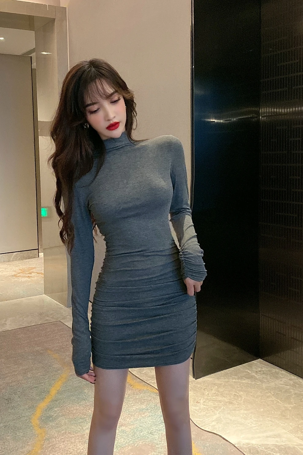 

Free Shipping High Quality Stand Collar Long Sleeve Slim Sexy Women Dress