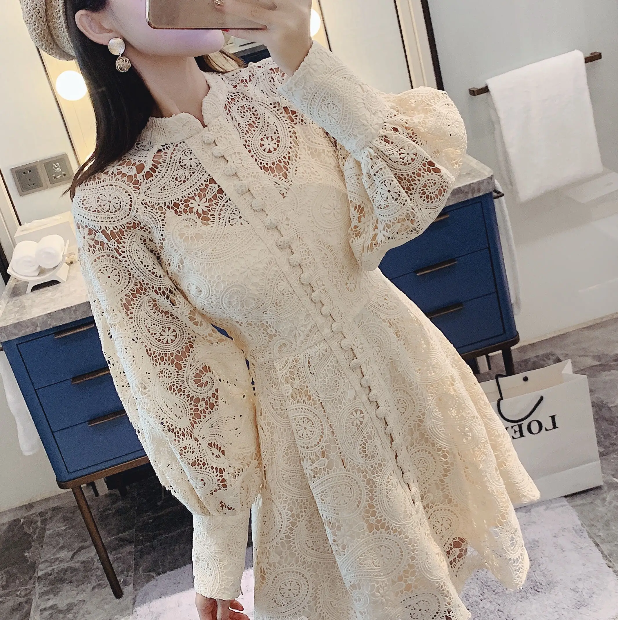

High Quality Lace Embroidered Mini Dress Women Lantern Sleeve Sashes Buttons Mini Pleated Dresses Vintage Elegant Vestidos 2020