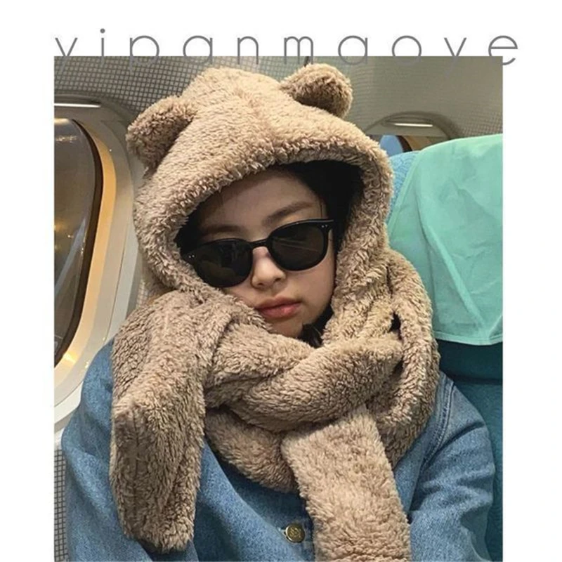 

2021 Four-Color Autumn And Winter Cute Bear Woman Hat Scarf Three-Piece Plush Thickened Ear Protection Warm Scarf Hat
