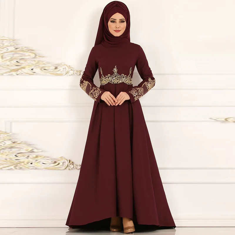 Европейское и американское мусульманское вечернее платье абайя приталенное платье с высокой талией с вышивкой модное мусульманское ретро ...