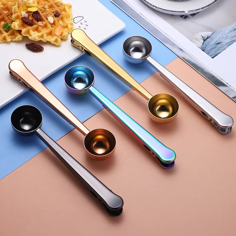 

2-in-1 Stainless Steel Coffee Spoon Food Sealing Clip Kitchen Accessories Multifunction With Clip Measuring Scoop Teaspoon