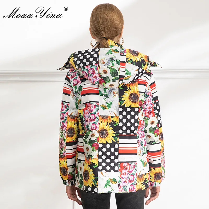 

MoaaYina Fashion Women's Winter Runway Down Jacket Long sleeve Sunflower Printed White Duck Down Keep warm Down Jacket Outwear