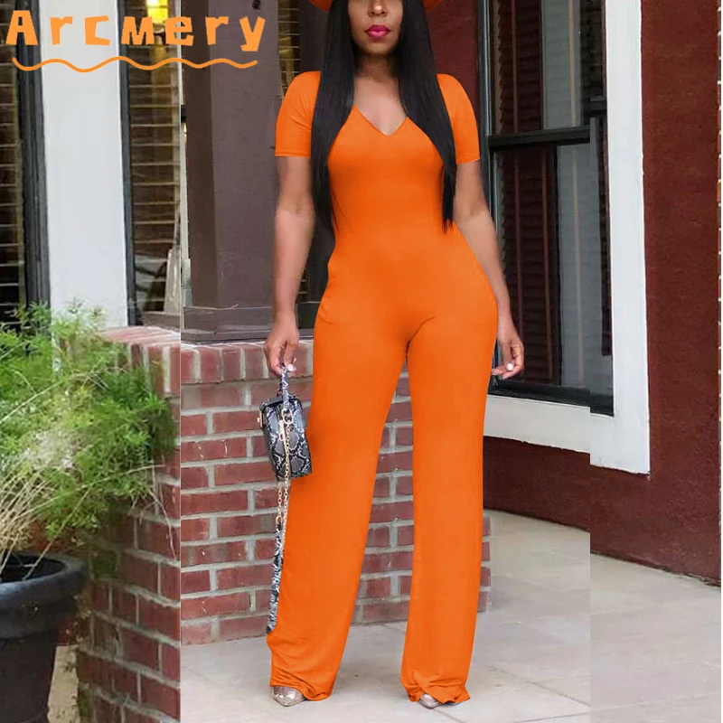 

Women V-neck Short Sleeve Wide Leg Solid Casual Jumpsuits