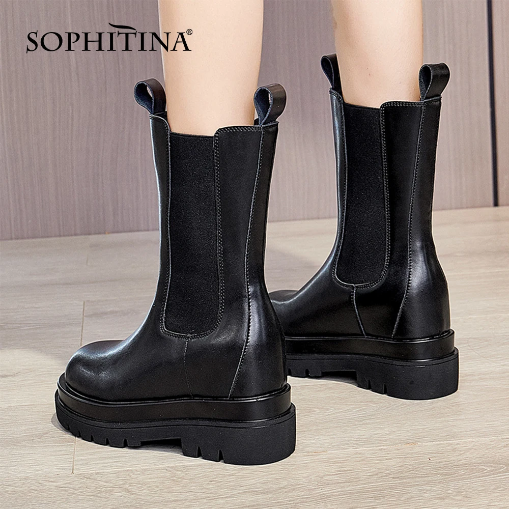

Женские высокие ботинки SOPHITINA, повседневные однотонные кожаные ботинки челси на толстой подошве, без застежки, HO781