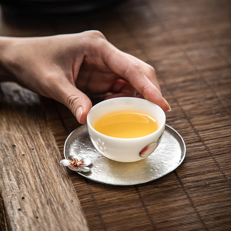 Оловянная чашка с цветком сливы ручной держатель для чайной церемонии жестяная