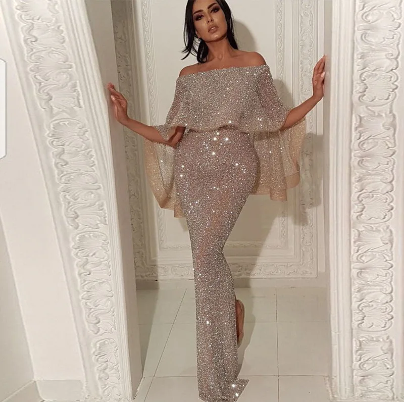 

2022 new Sequin Evening Gowns Off Shoulder Prom Dresses Shiny Mermaid Women Party Dresses Wear Gown With Cape