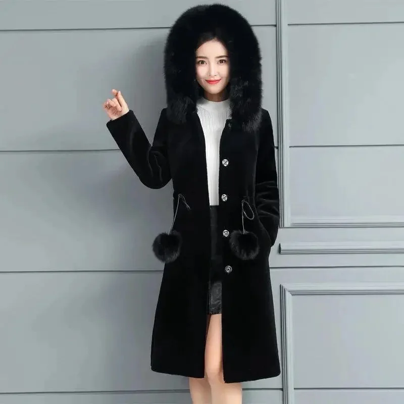 2022 Autumn Winter Mink Velvet Faux Fur Hooded Jacket Female New Slim Fashion Thicken Coat Women Mid-length Mink Fur CoatA538