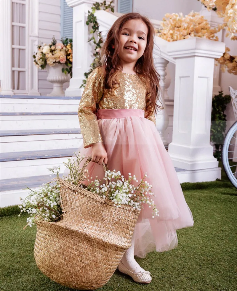 

Pink Tulle Sparkling Flower Girl Dress High Low Gold Sequin Children Princess Long Sleeve Birthday Party Gowns