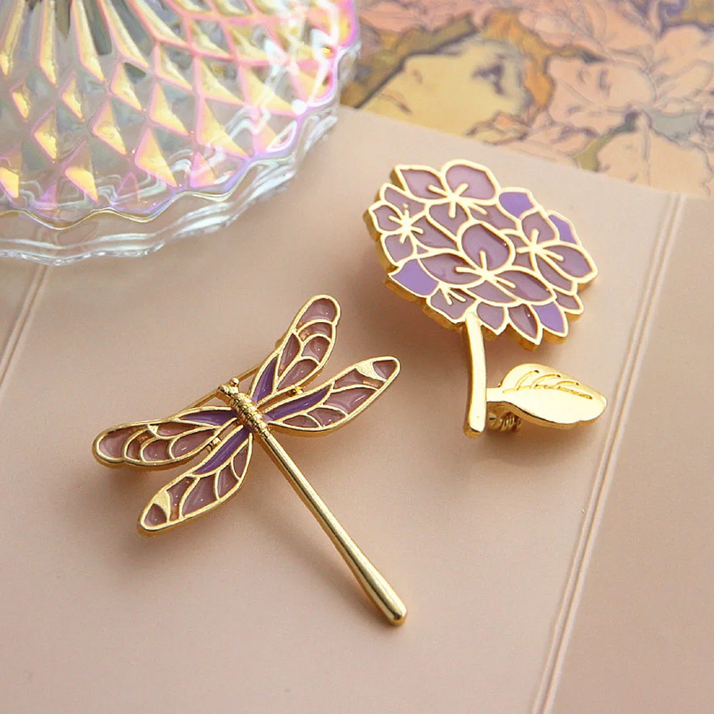 Trendy Purple Metal Brooch Pin Dragonfly Lilac Badge Plant Animal Brooch Unisex Party Collar Accessories Jewelry