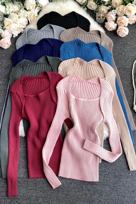 

ZOSOL Women's New Style for Simple Solid Color Heart Machine Expose Clavicle Square Collar Sweater Top Fashion