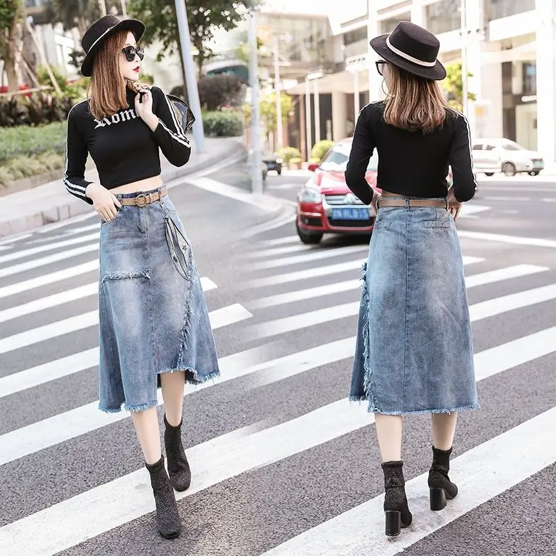 

2020 New Summer Women A-Line High Waist Belt Irregular Denim Skirt Lady Chic 5XL Personality Patchwork Jeans Skirt Z59