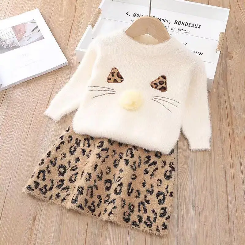 

2-7 years cute cat leopard skirt mink velvet skirt suit Sweater Shirt Skirt Clothing Bow Baby Outfits for Kids Girls Clothes