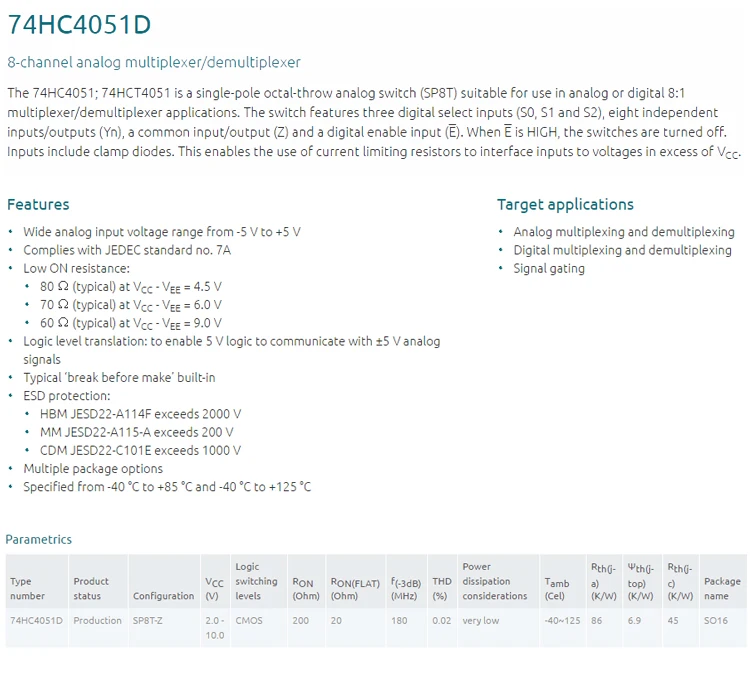 

10pcs new 74HC4051D 653 SOIC-16 8-channel analog multiplexer demultiplexer nexperia 74HC4051